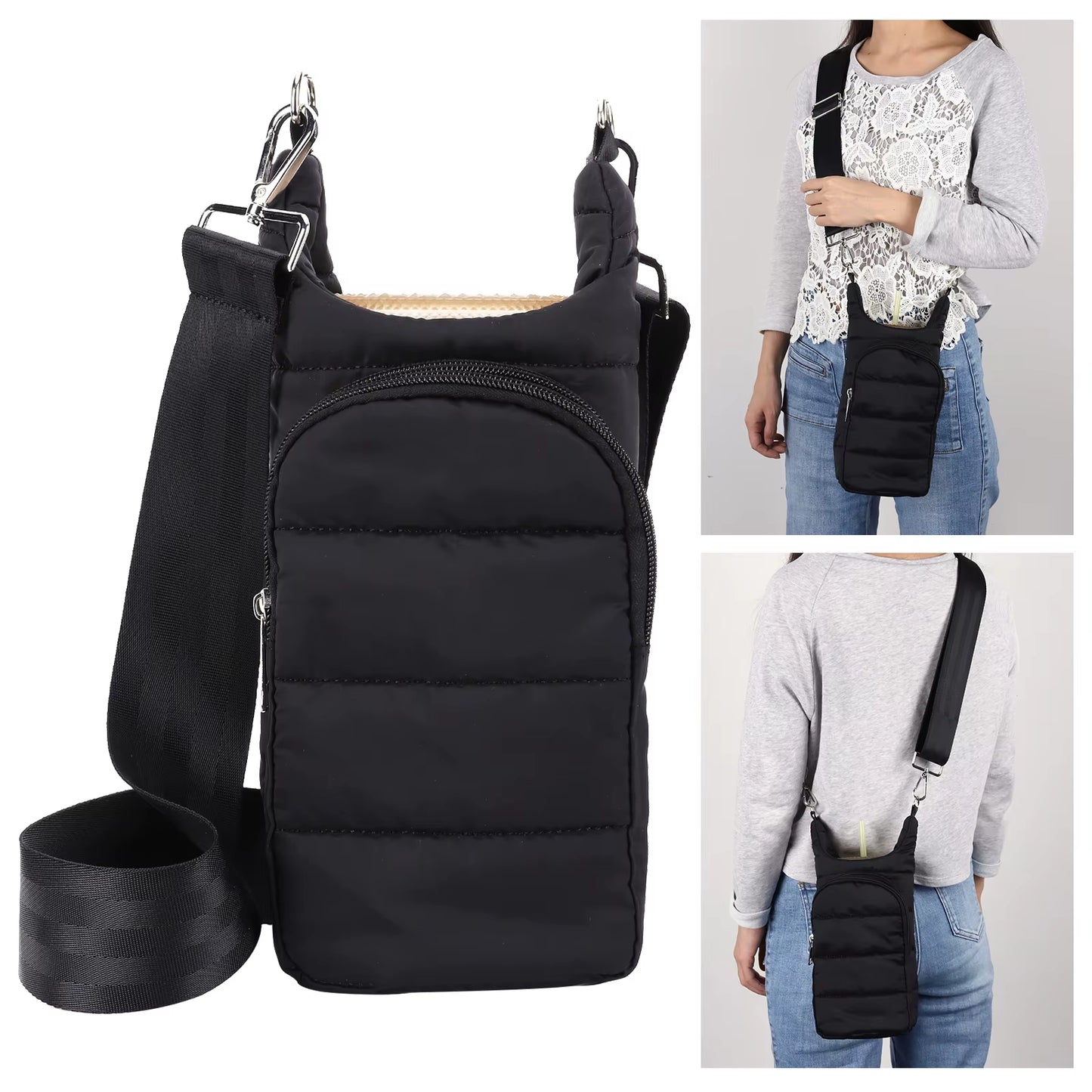HydroCarry Puffer Tote – Adjustable Strap Water Bottle Carrier for Outdoor Travel & Daily Adventures